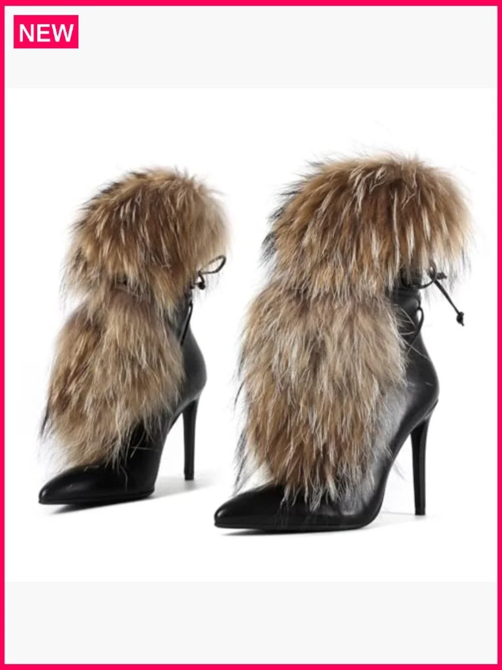 Handmade Stiletto Ankle Booties, Furry Fluffy Fur Lace-Up Heeled Boots